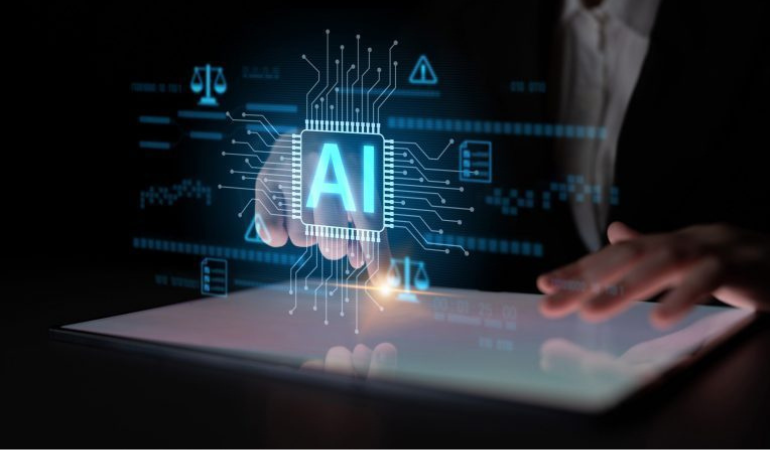 A person interacts with a digital tablet, projecting a glowing circuit board labeled "AI."