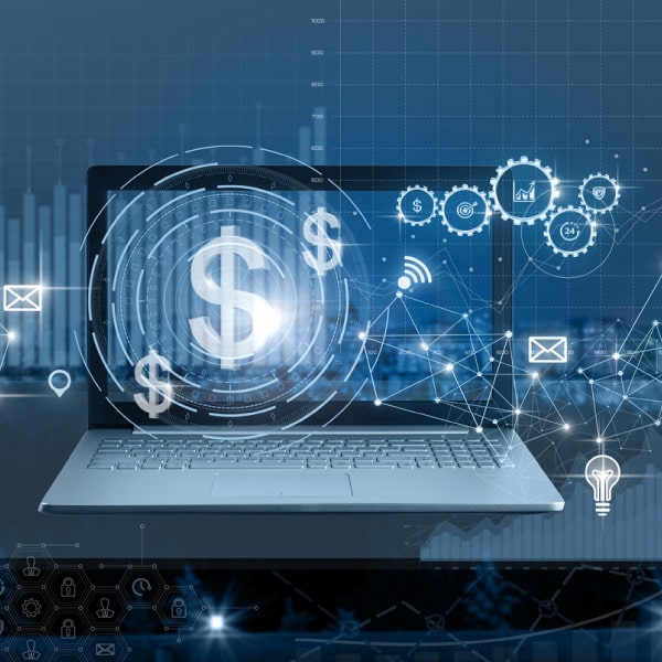 Open laptop surrounded by digital dollar signs and icons representing financial and payment processing systems.