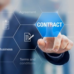 Businessman selecting a digital contract option from a holographic interface of legal and business terms.