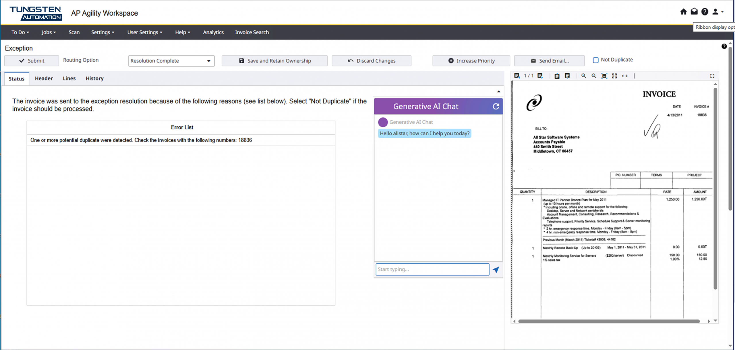 TA Exception with GenAITEST1 Gen AI screenshot