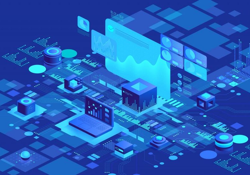 Futuristic digital illustration showing data flow with graphs, circuits, and networks.]