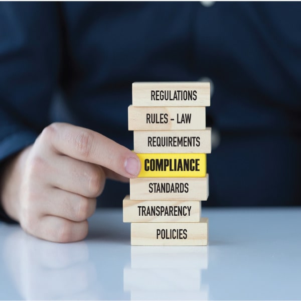 Stack of blocks labeled with regulations, policies, and compliance, representing government risk management