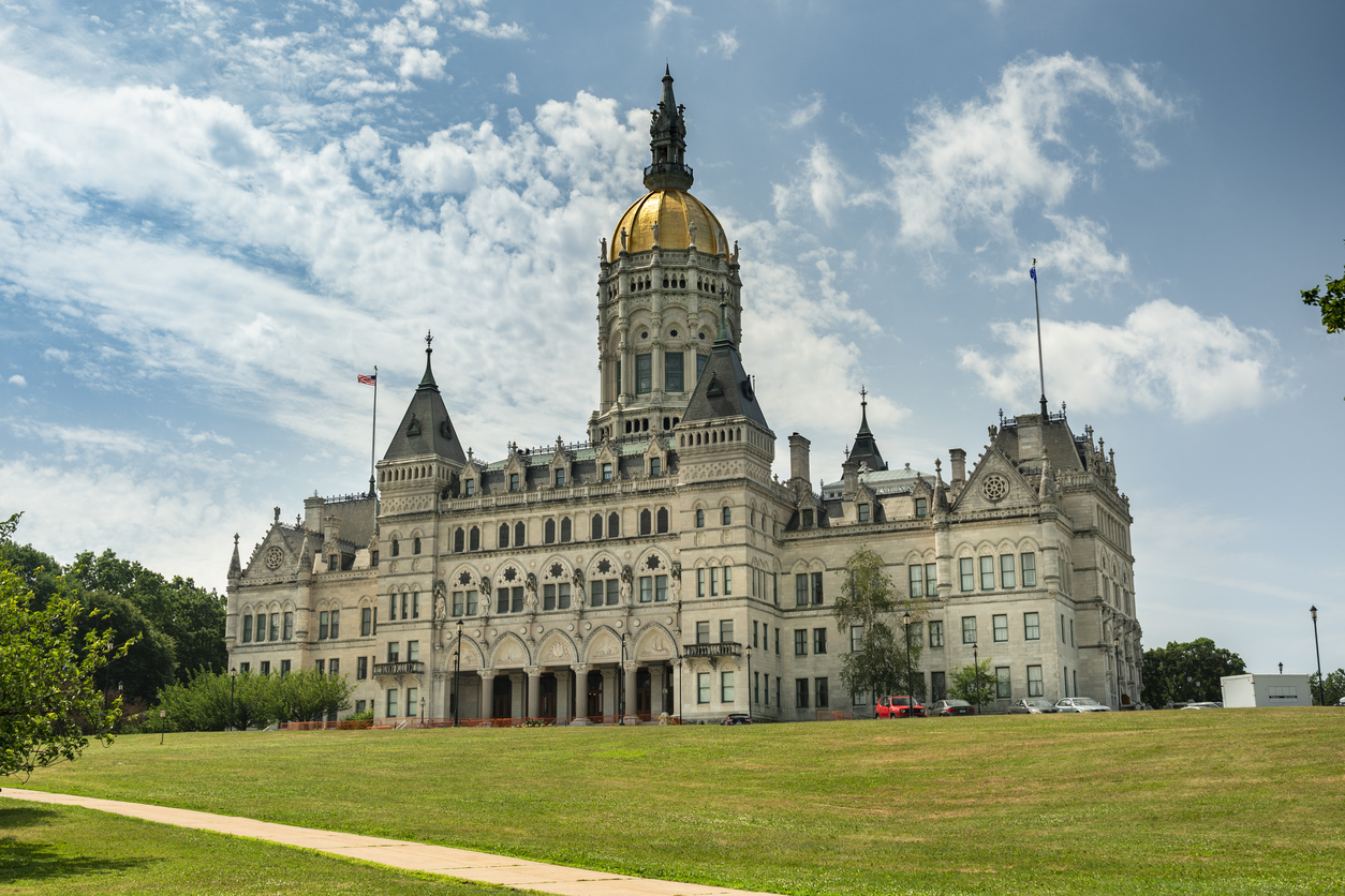 Hartford, Connecticut, USA  July 21, 2022:  Connecticut State Capitol Government building in Bushnell Park downtown Hartford Connecticut USA