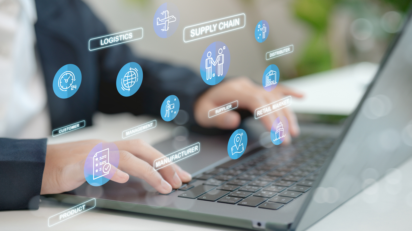 A business person manages online e-commerce business automation logistic supply chain in an online dashboard. Global worldwide logistic management for online shopping with warehouse inventory.
