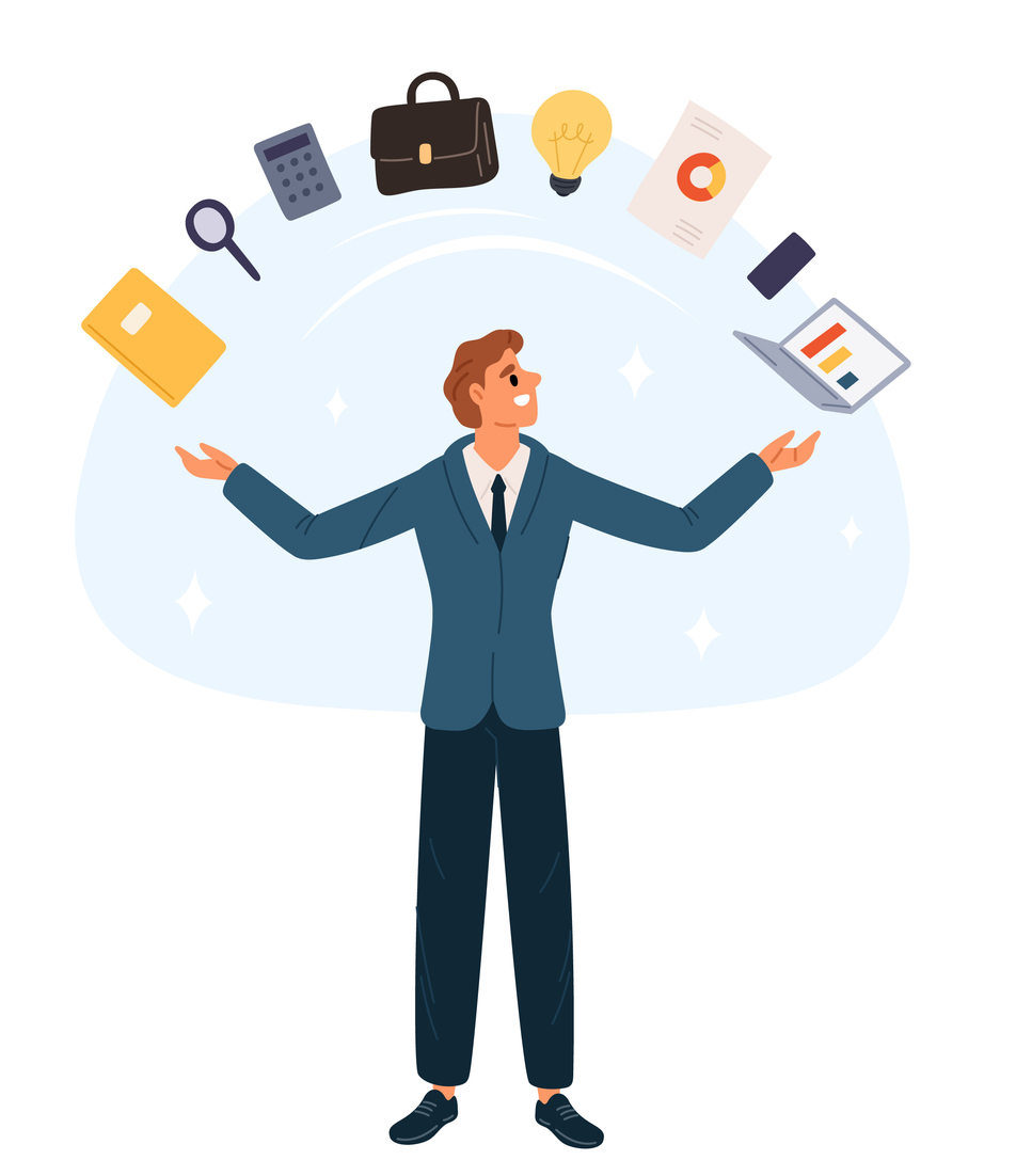 Professional businessman juggling notebook and calendar. Project management skills. Idea lamp and laptop jugglery. Efficient work. Portfolio or calculator tossing. Multitasking manager. Vector concept