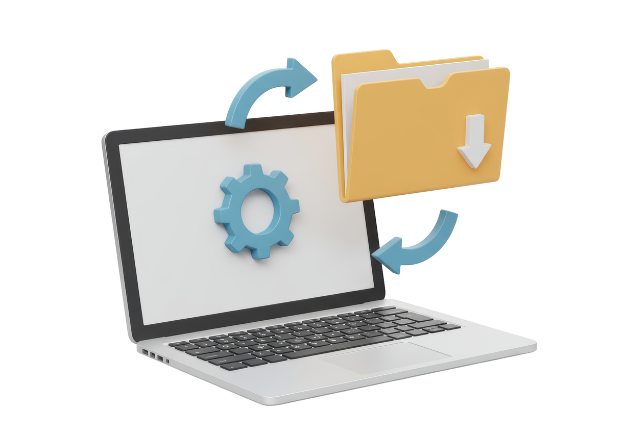 Isolated Laptop Displaying File Transfer Process with Gear Icon