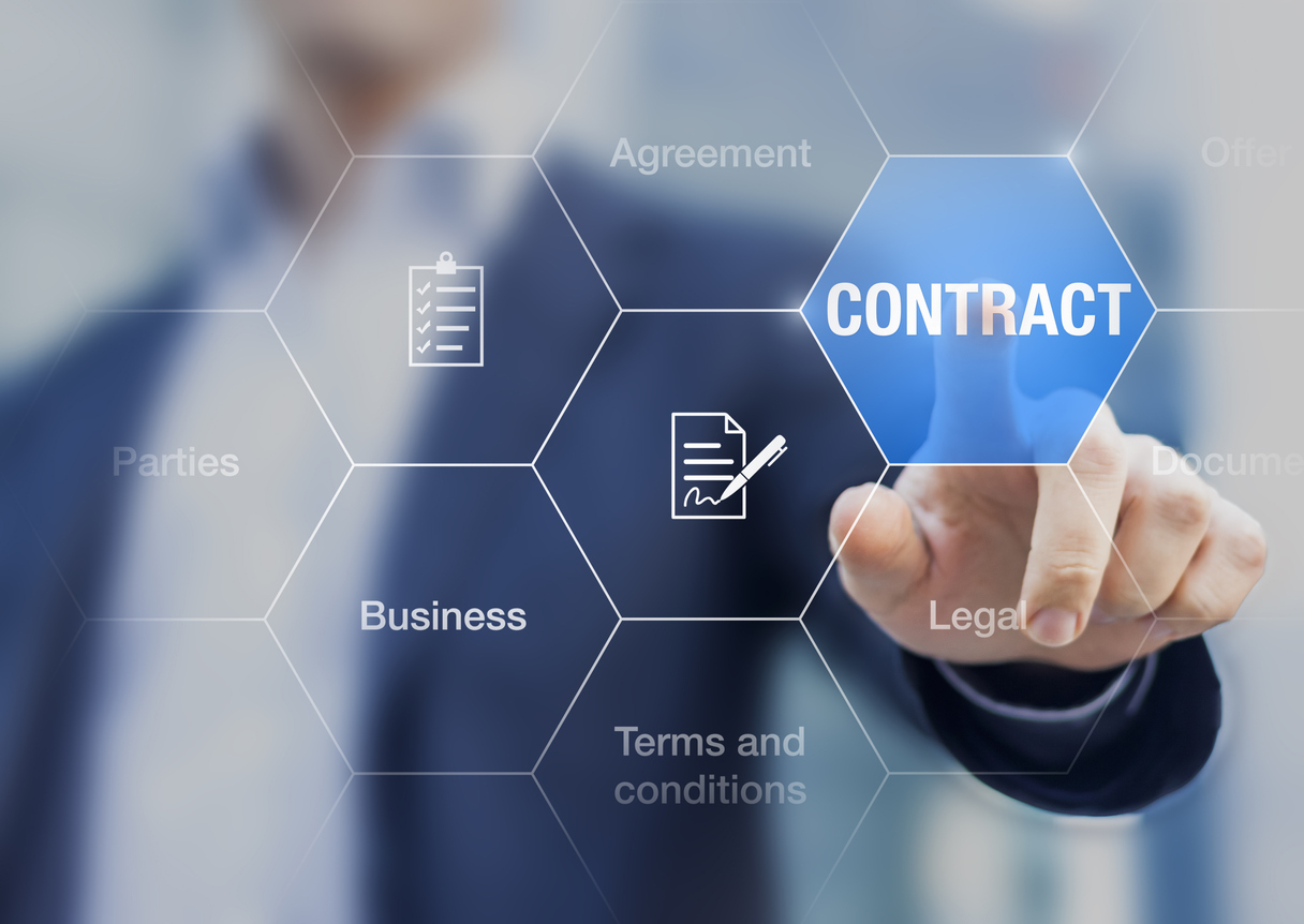 Businessman pressing contract on a digital screen, concept about agreement in business