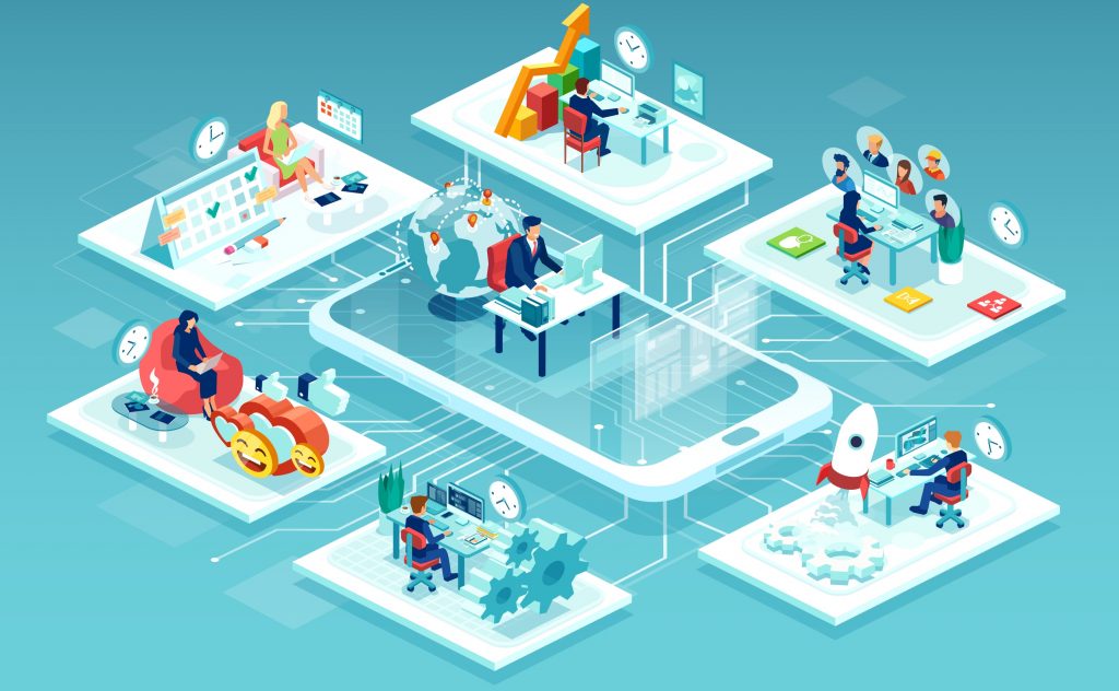 "Business Outsourcing" showing people working on various tasks connected via a giant system