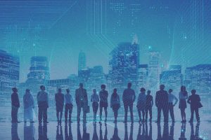 Silhouettes of diverse people stand against a digital cityscape backdrop
