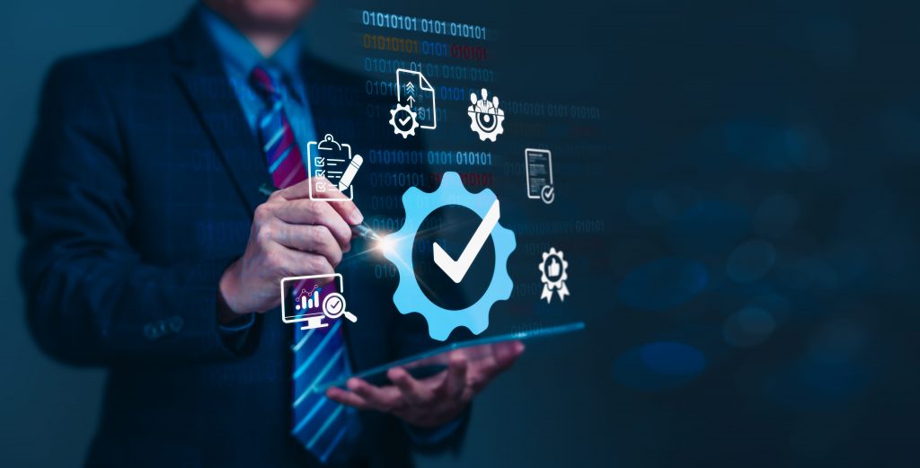 A person in a suit interacts with digital icons symbolizing technology and innovation