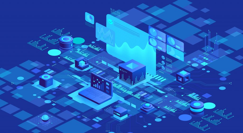 Futuristic digital illustration showing data flow with graphs, circuits, and networks.]
