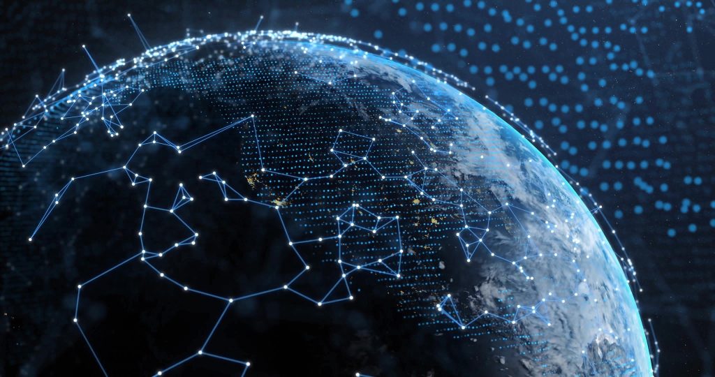 A digital Earth viewed from space, overlaid with glowing blue network lines and dots