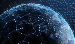 A digital Earth viewed from space, overlaid with glowing blue network lines and dots