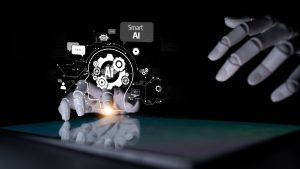A robotic hand interacts with a tablet, surrounded by digital gears and icons labeled "Smart AI" on a dark background