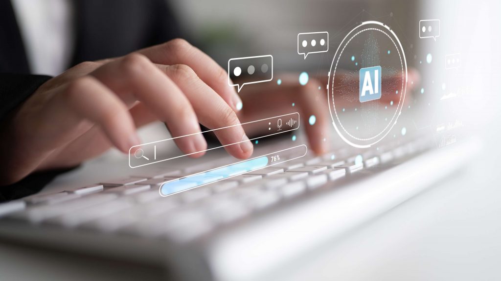 Hands typing on a keyboard with digital graphics of speech bubbles and a circular AI icon