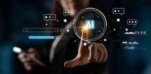  A person interacts with a digital interface displaying an "AI" icon, speech bubbles, and data graphs